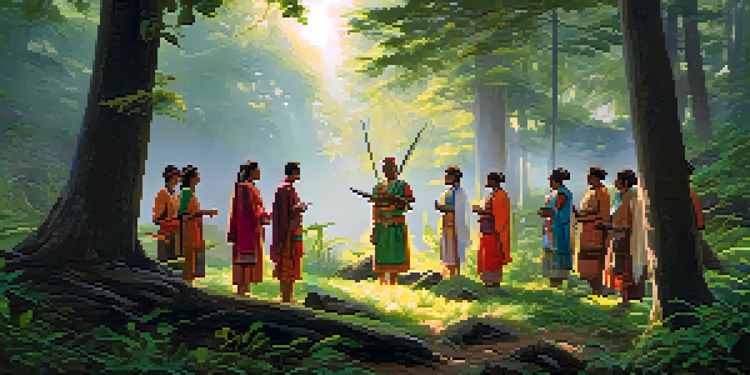 A peaceful forest clearing at dawn with indigenous people in traditional attire participating in a ceremony, surrounded by trees and soft light.