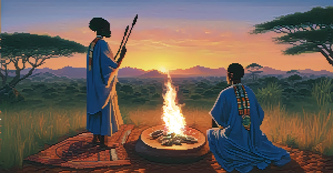 A group of indigenous people in traditional attire gathered around a fire in a serene African landscape during dusk, with vibrant colors and a peaceful atmosphere.