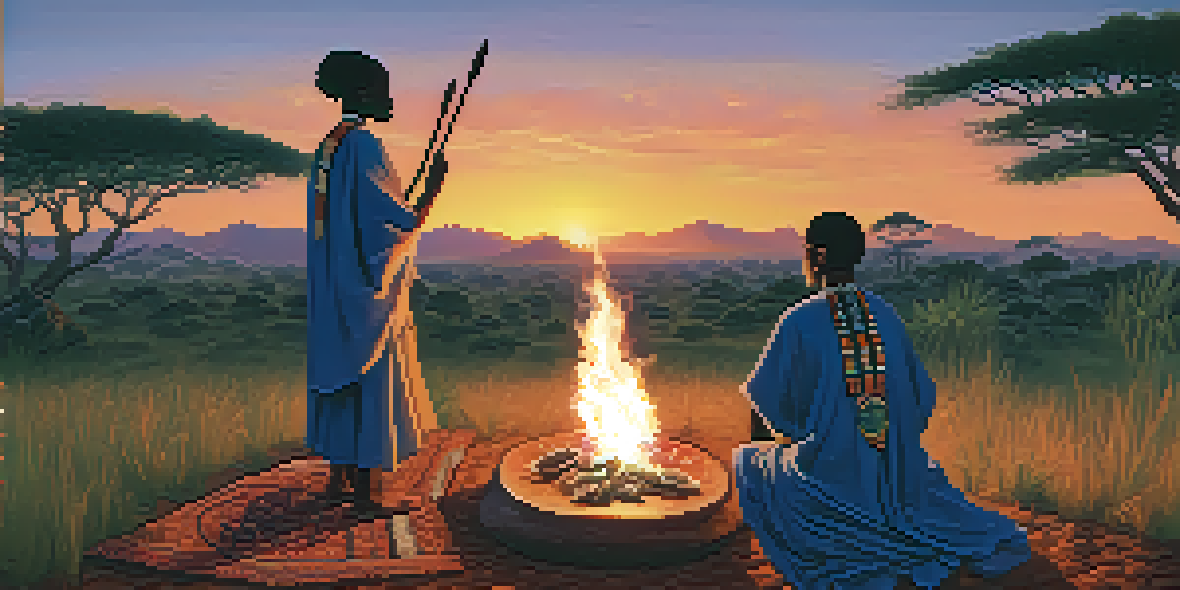 A group of indigenous people in traditional attire gathered around a fire in a serene African landscape during dusk, with vibrant colors and a peaceful atmosphere.