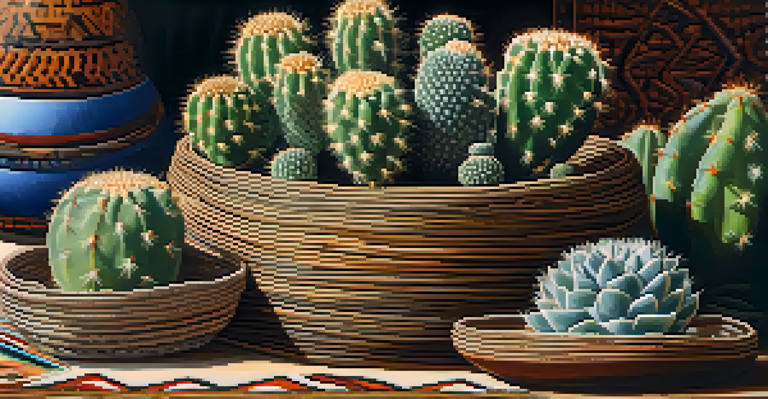 A close-up of a peyote cactus on a wooden table with traditional Native American artifacts blurred in the background.