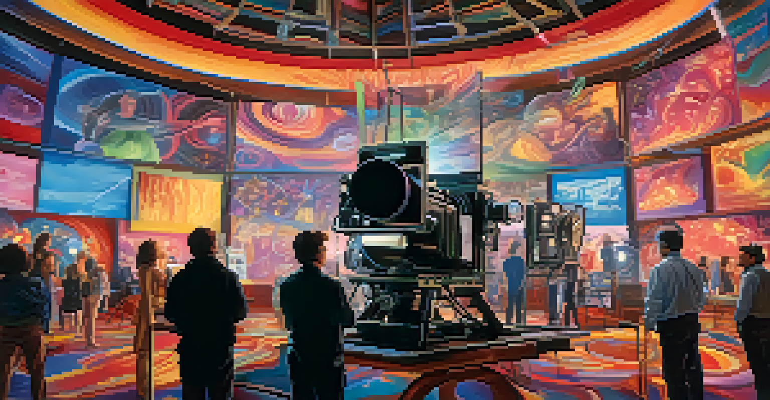 A film set with a director surrounded by colorful swirling lights and abstract images on a screen.