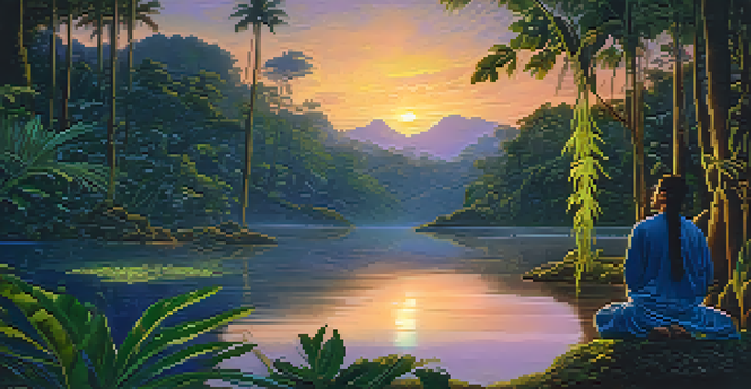 A shaman meditating in a lush Amazon rainforest at dusk, with vibrant plants and glowing lights.