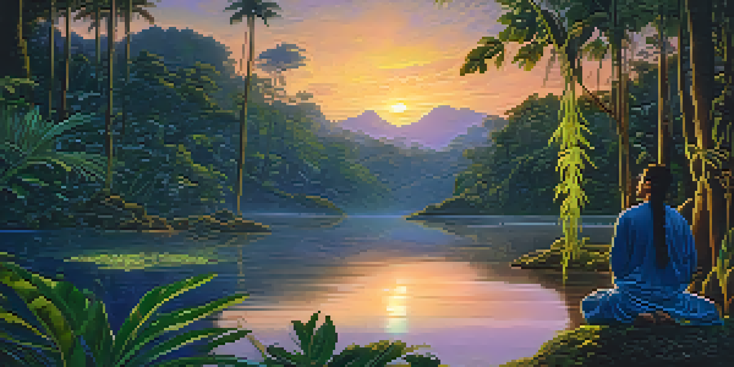 A shaman meditating in a lush Amazon rainforest at dusk, with vibrant plants and glowing lights.