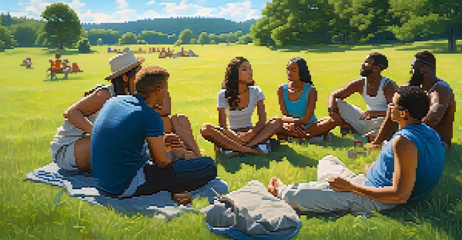 A diverse group of people sitting in a circle on a grassy meadow, engaged in conversation under a blue sky, highlighting community and shared experiences.