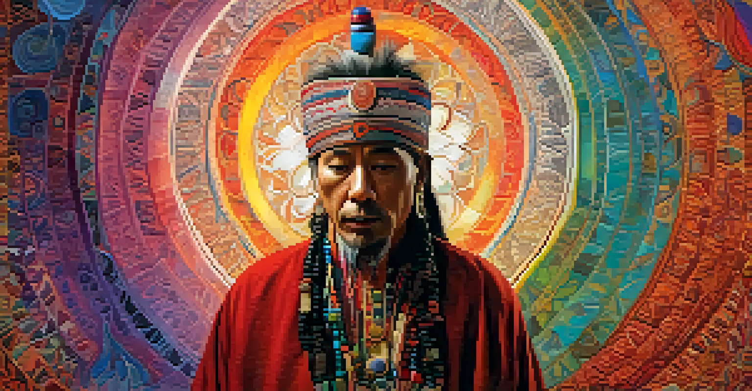 A shaman guiding an individual during an entheogen experience, with colorful abstract patterns representing spiritual journeys.