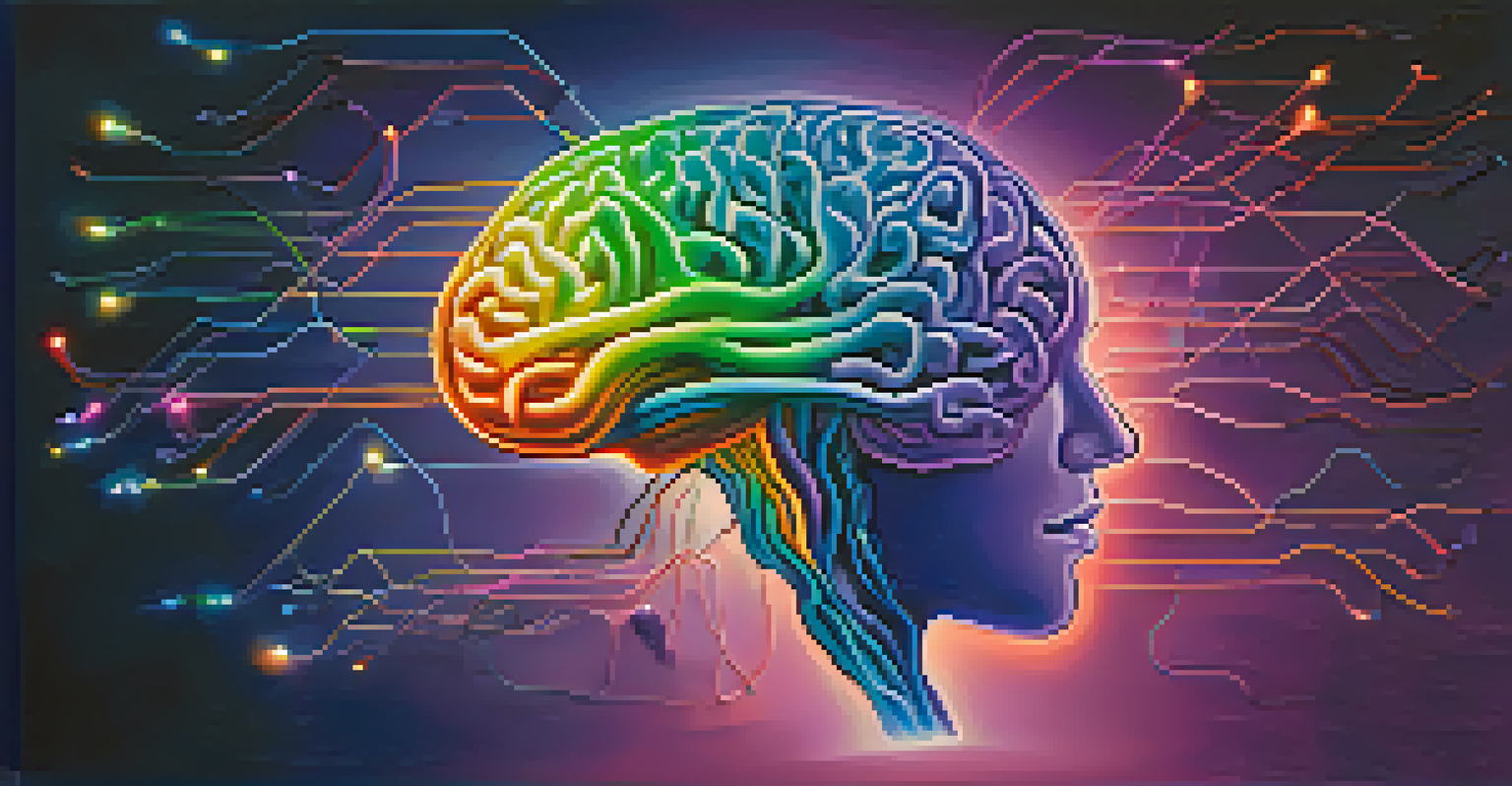 An artistic depiction of a brain with colorful neural pathways against a calming blue and purple background, symbolizing personal growth.