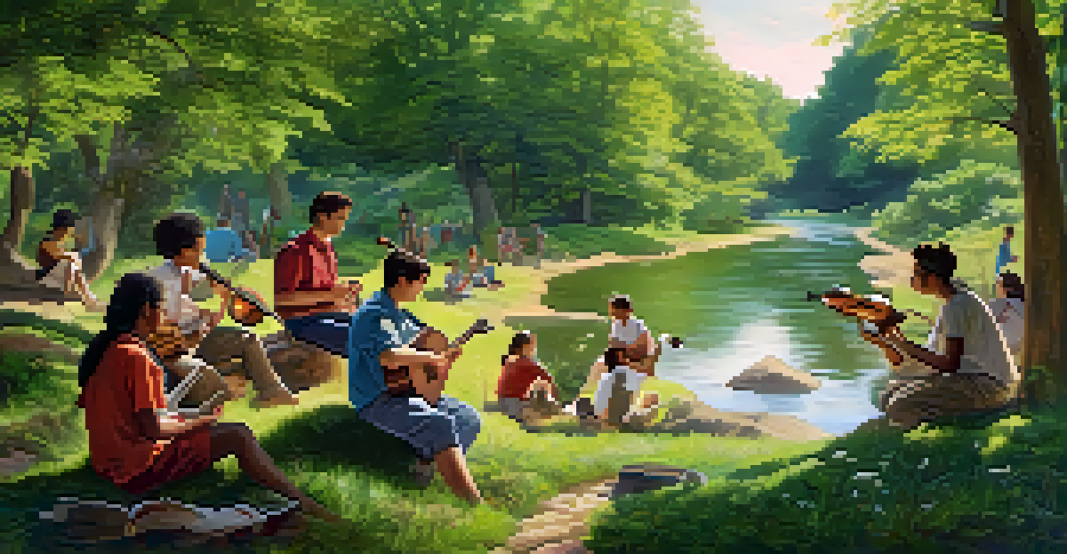 A serene nature gathering with people in a circle discussing and creating art, surrounded by trees and a river, bathed in soft multicolored light.