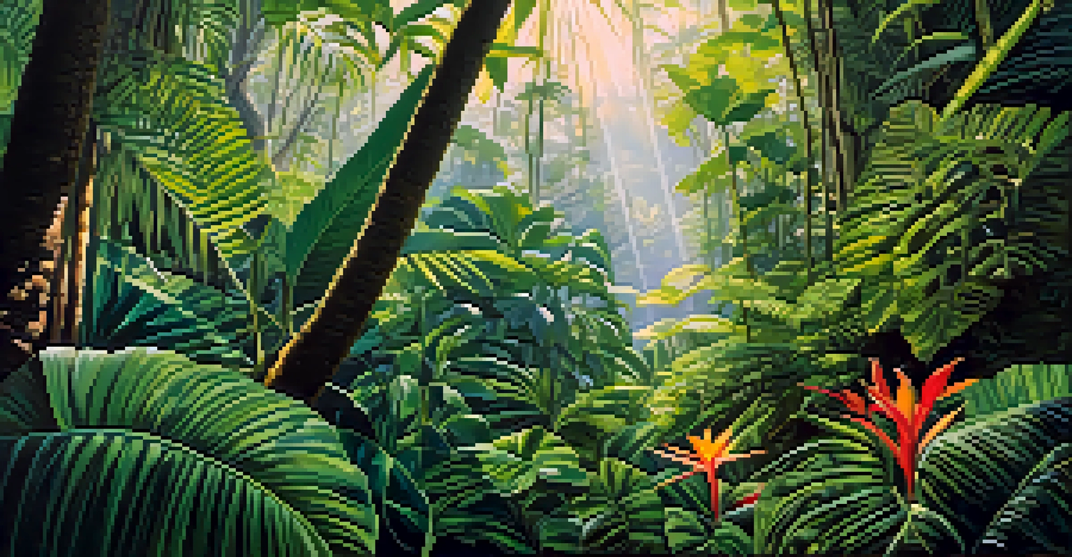 A tropical rainforest scene with diverse entheogenic plants surrounded by lush greenery and dappled sunlight.