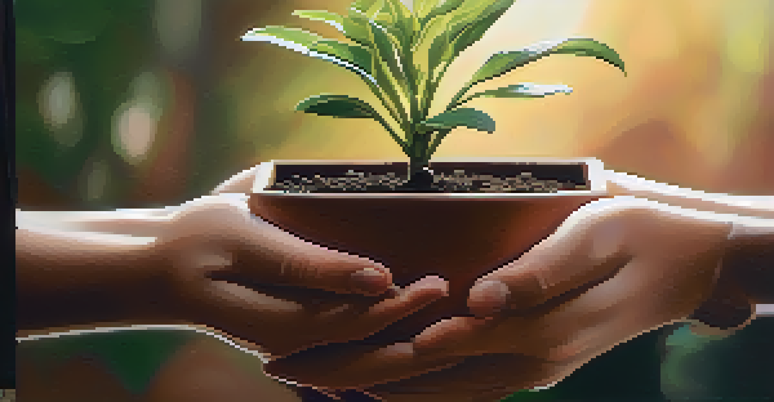 A close-up of hands holding a small potted plant with a warm background.