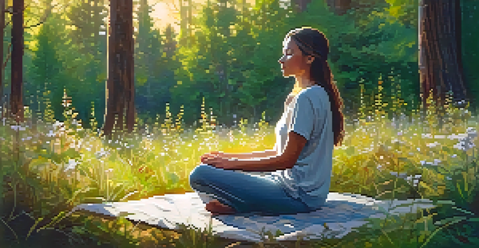 A peaceful forest with sunlight filtering through leaves, showcasing a person meditating on a mat surrounded by wildflowers.