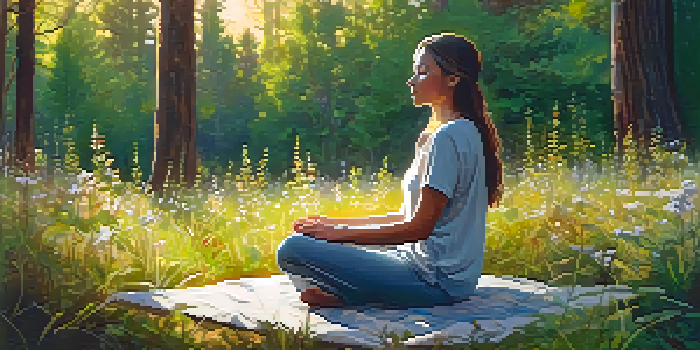 A peaceful forest with sunlight filtering through leaves, showcasing a person meditating on a mat surrounded by wildflowers.