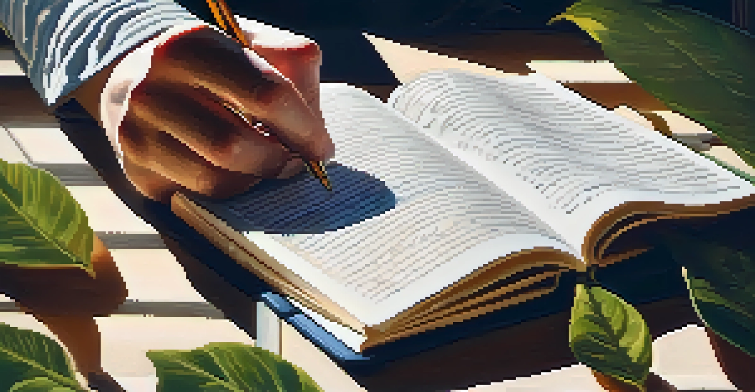 A close-up of a hand writing in a journal surrounded by leaves and flowers, with sunlight filtering through.
