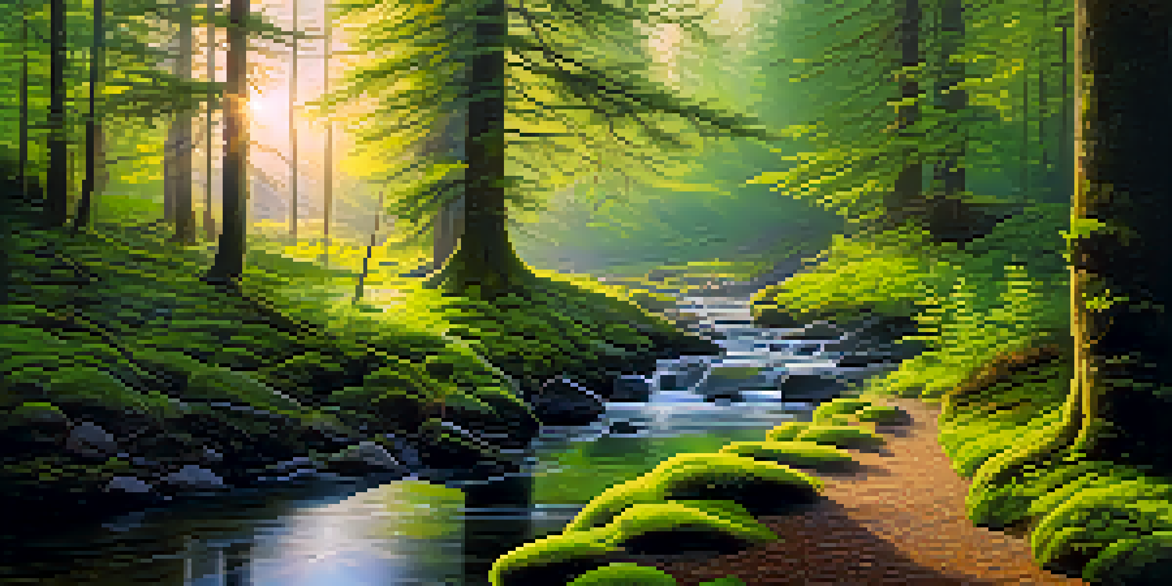A peaceful forest scene at dawn with mist rising, sunlight filtering through trees, a moss-covered path, and a clear stream reflecting nature's colors.