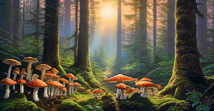A peaceful forest with colorful mushrooms under a sunset, golden light filtering through trees.