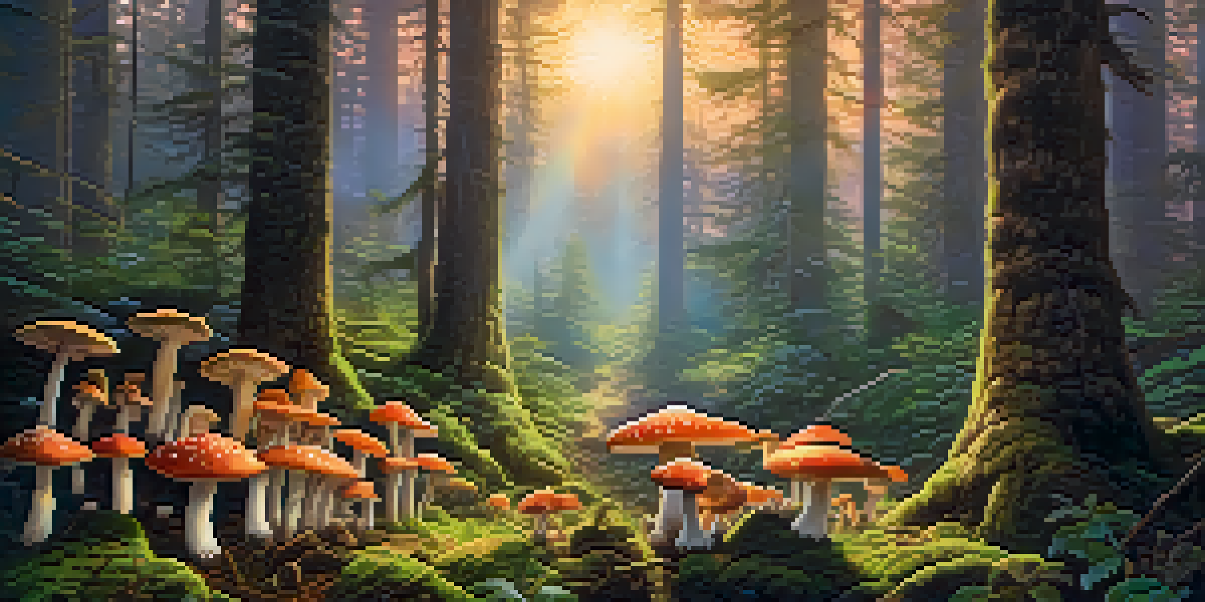 A peaceful forest with colorful mushrooms under a sunset, golden light filtering through trees.