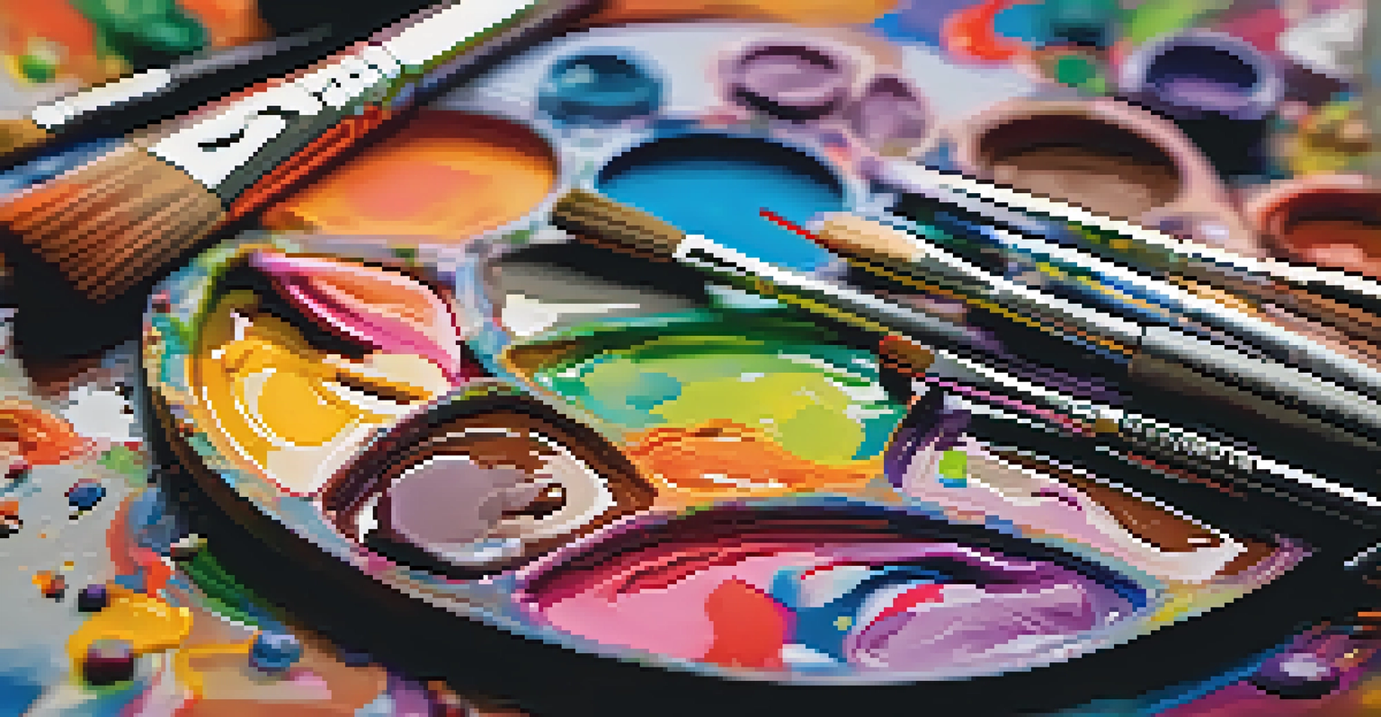 A close-up of a colorful painter's palette and brushes, with an abstract, vibrant background.