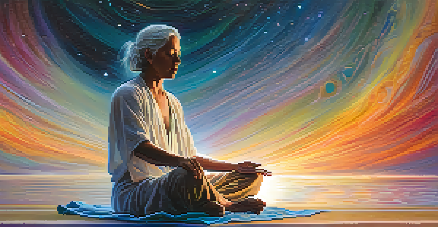A person meditating with swirling colors and soft lights around them, symbolizing peace and connection.
