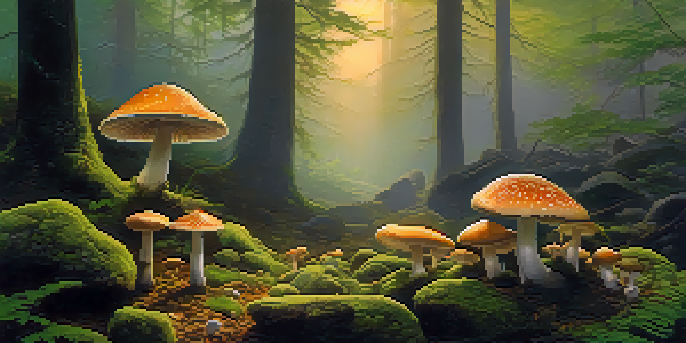 A peaceful forest at dawn with sunlight filtering through trees, highlighting psilocybin mushrooms among moss-covered rocks.
