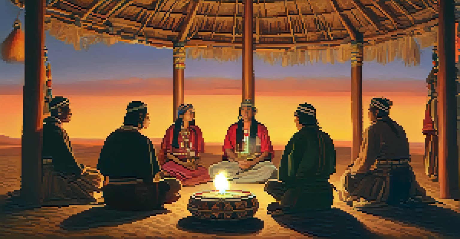 People sitting in a ceremonial circle at sunset, with candles and traditional items creating a warm, reflective atmosphere.