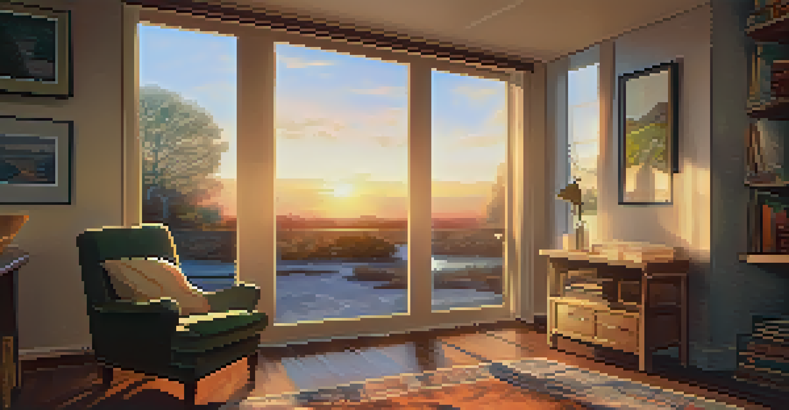 A cozy room with a comfortable armchair and a journal on the table, illuminated by soft sunset light.