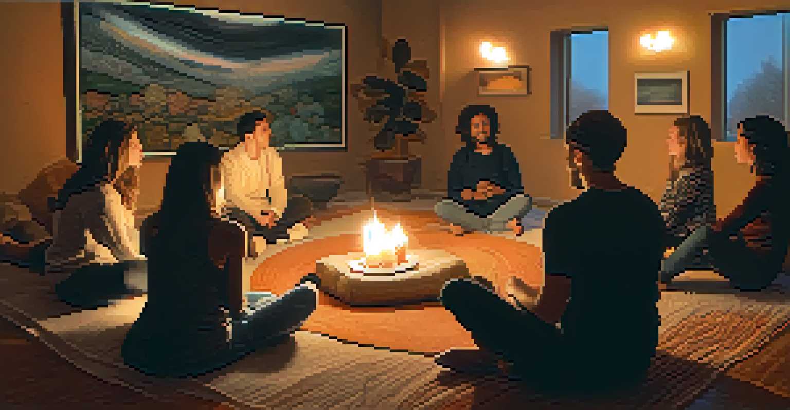 A group therapy session in a cozy room, with participants sharing their experiences in a supportive environment.