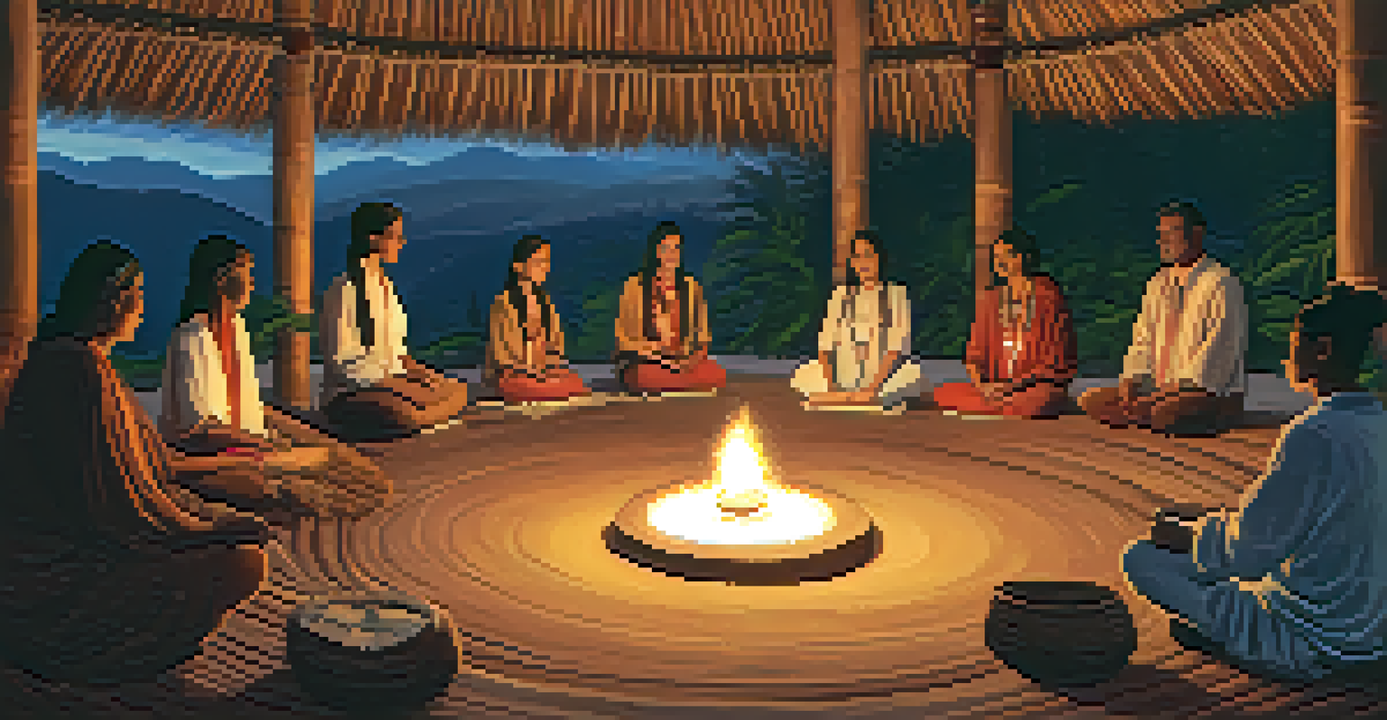 An interior view of a traditional indigenous ceremony space with participants gathered in a circle, led by a shaman, creating a warm and communal atmosphere.