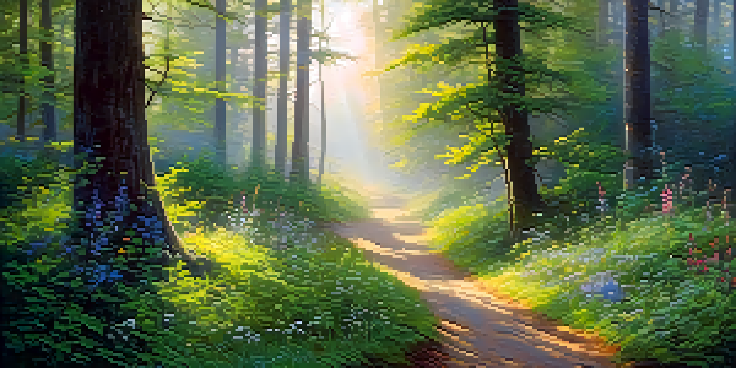 A tranquil forest at dawn with sunlight filtering through trees and a winding path surrounded by vibrant green plants and wildflowers.