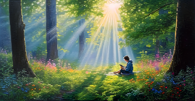 A person meditating in a peaceful forest at dawn, surrounded by trees and flowers, with soft sunlight filtering through.