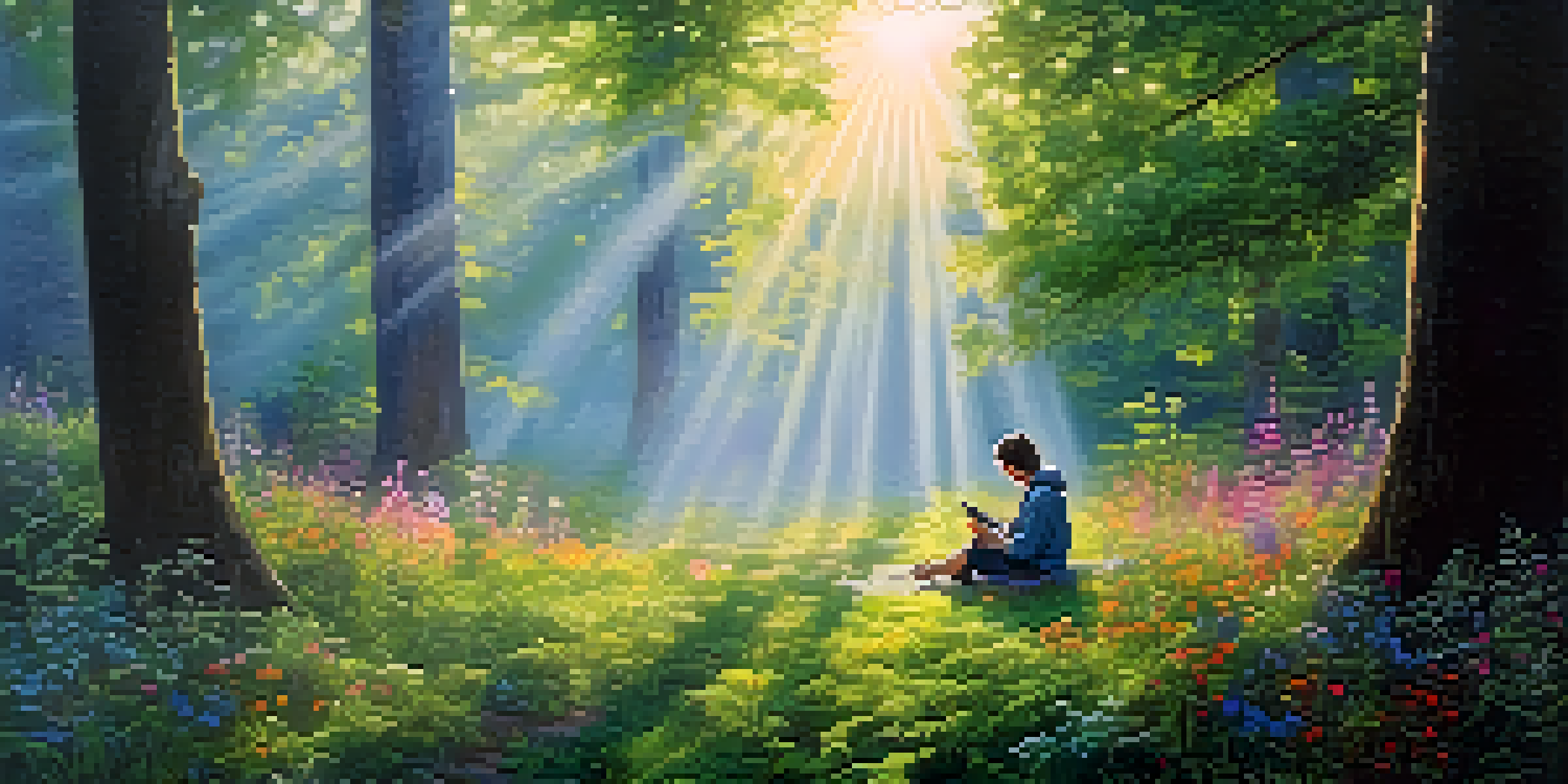 A person meditating in a peaceful forest at dawn, surrounded by trees and flowers, with soft sunlight filtering through.