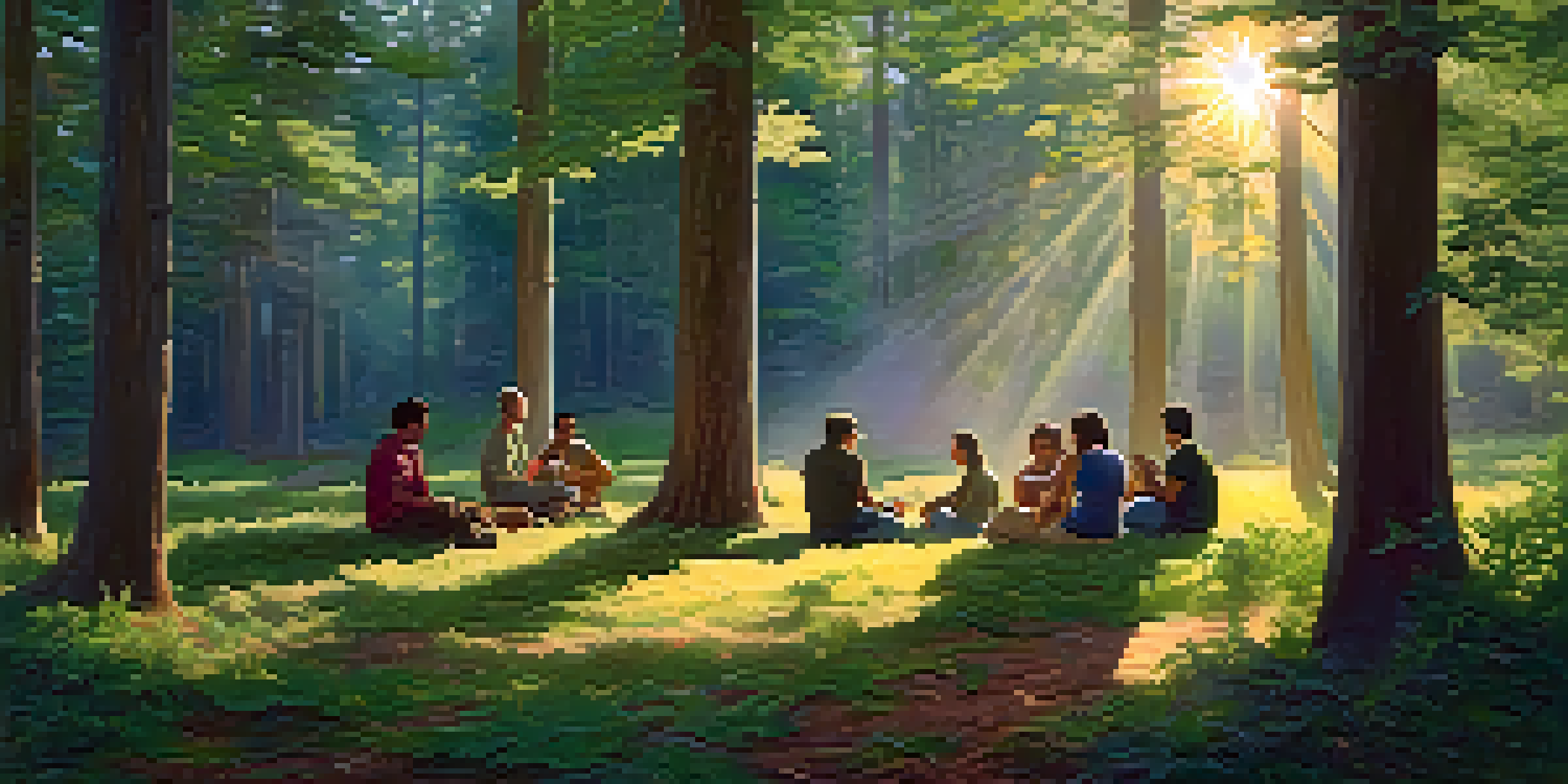 A peaceful forest clearing at dawn with a diverse group of people sitting in a circle, engaged in discussion under soft sunlight.