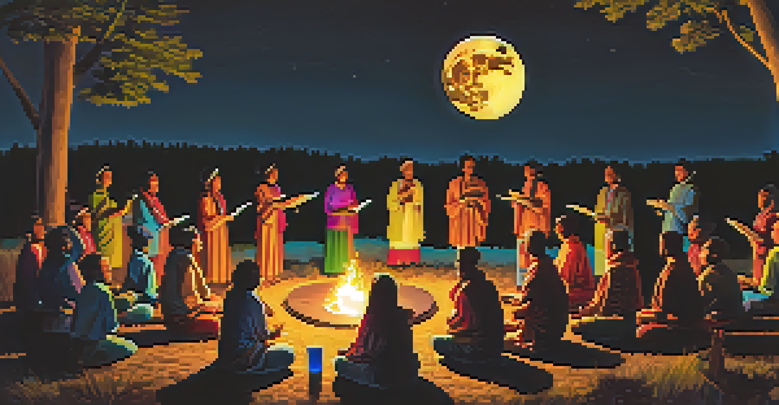 Participants gathered around a fire during a full-moon ceremony, engaging in music and chanting under the moonlight.