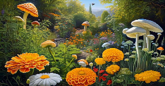 A vivid garden with colorful marigolds, psilocybin mushrooms, and chamomile flowers, all growing harmoniously together under a sunny sky.