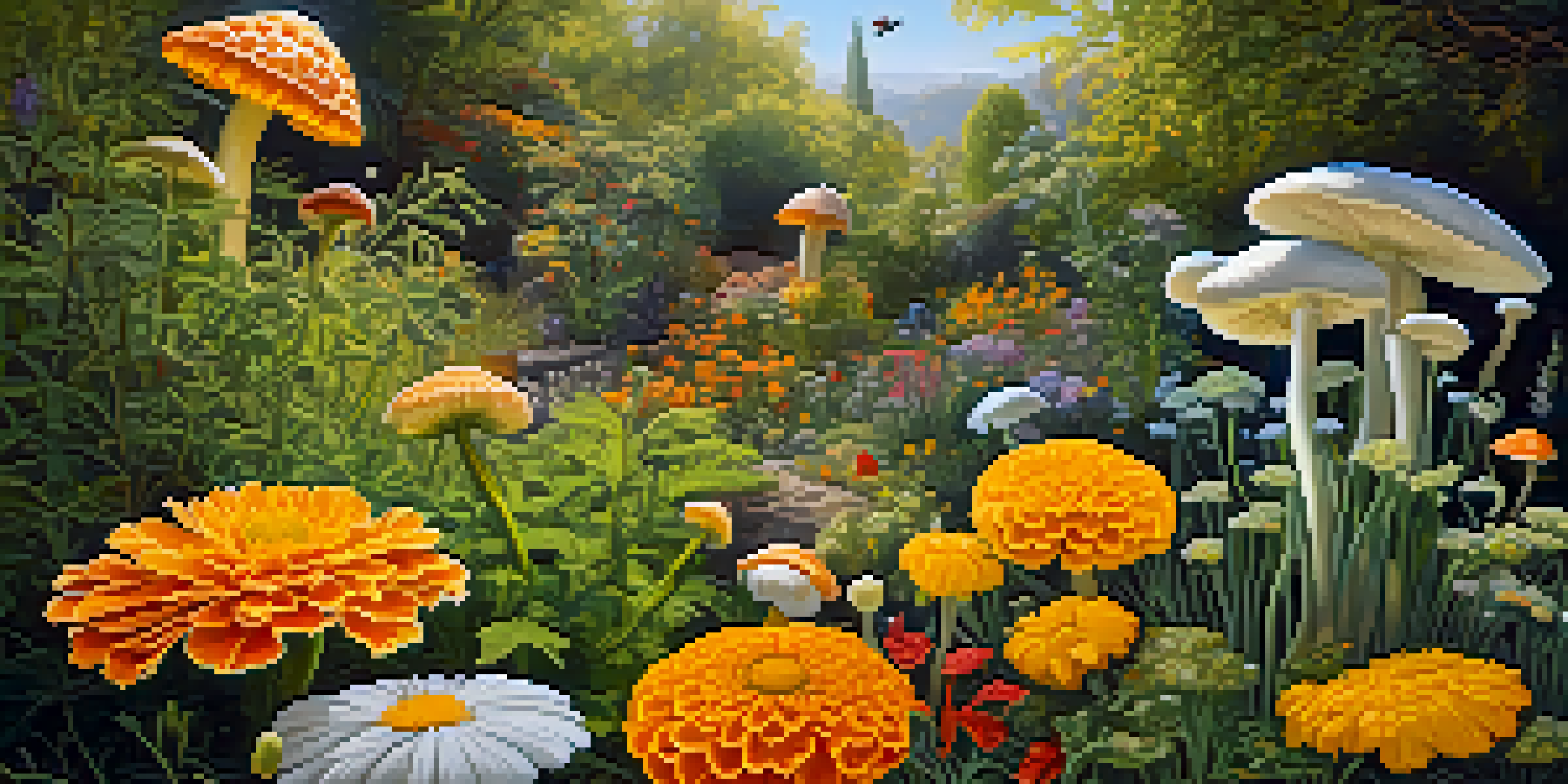A vivid garden with colorful marigolds, psilocybin mushrooms, and chamomile flowers, all growing harmoniously together under a sunny sky.