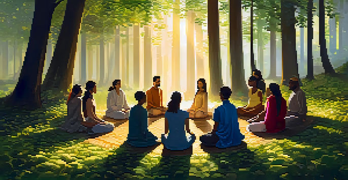 A peaceful forest scene at dawn with diverse individuals meditating in a circle, surrounded by trees and soft sunlight.