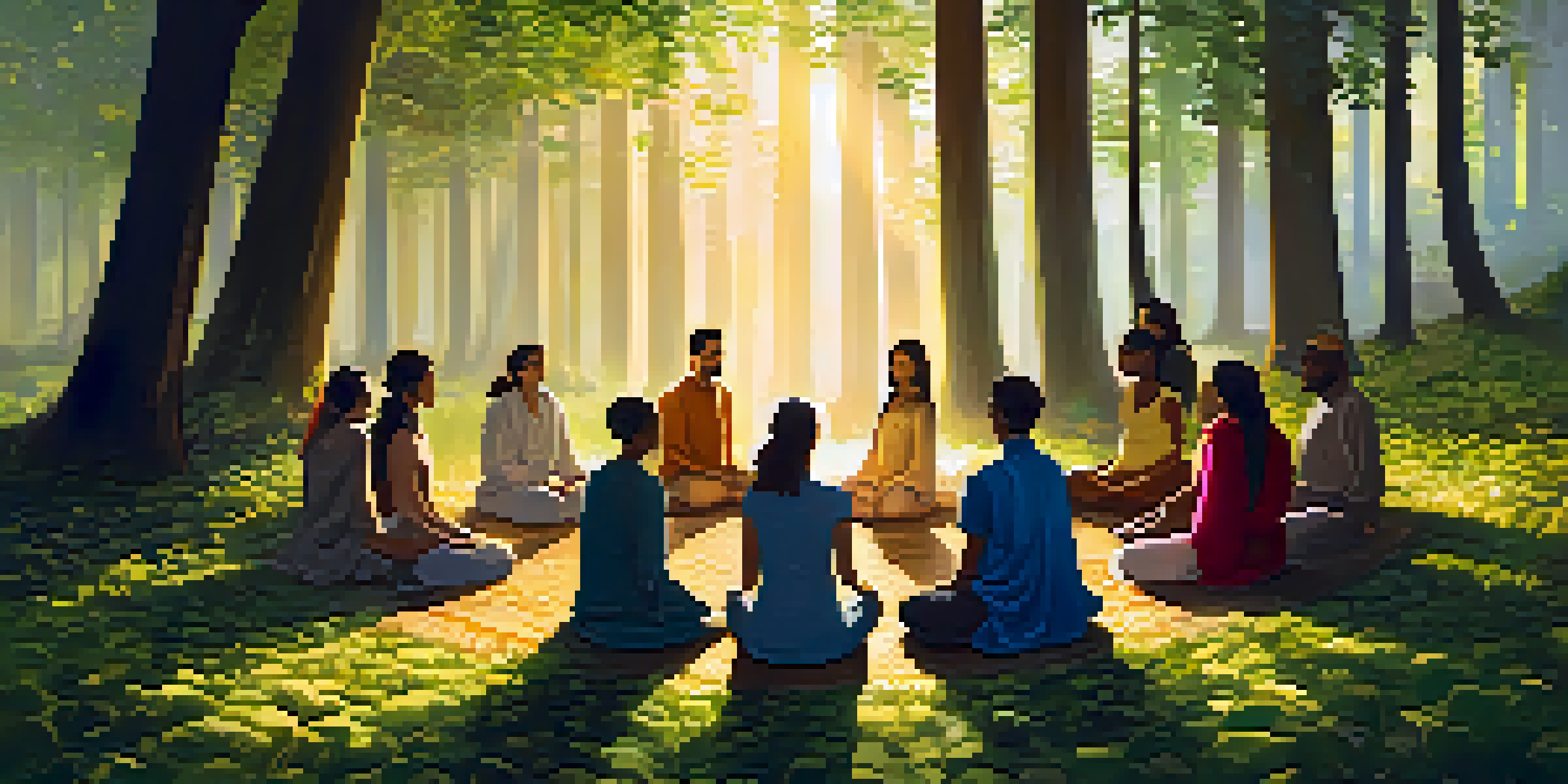 A peaceful forest scene at dawn with diverse individuals meditating in a circle, surrounded by trees and soft sunlight.