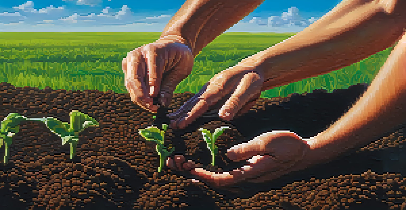 A close-up of a farmer's hands planting seeds in dark soil with a vibrant green field in the background.
