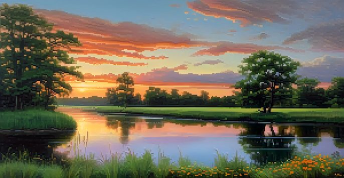 A tranquil river landscape at sunset, with lush trees and colorful wildflowers.