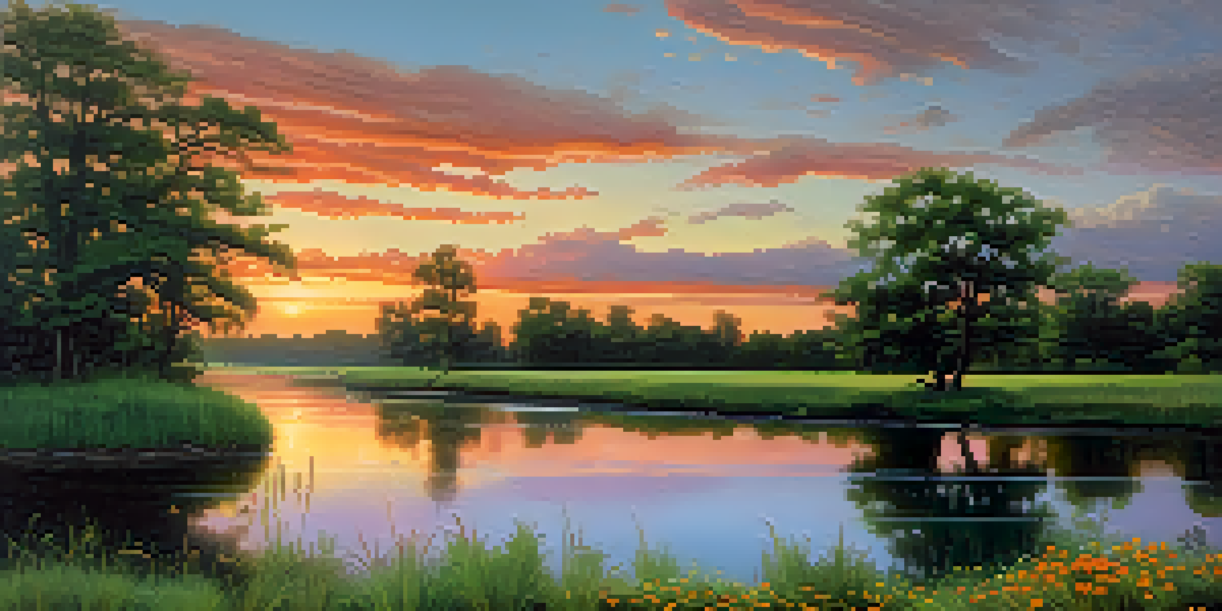 A tranquil river landscape at sunset, with lush trees and colorful wildflowers.