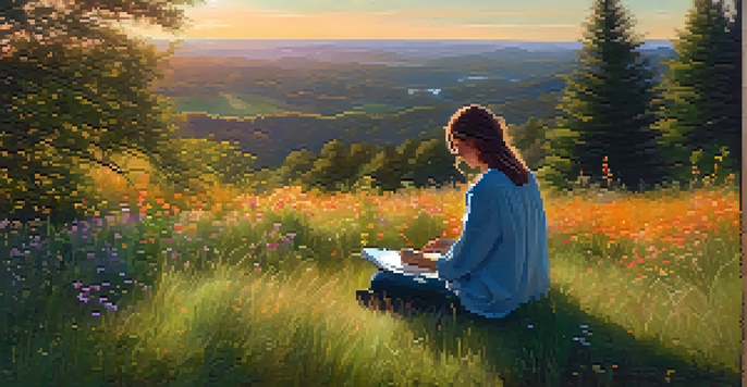 An artist painting in a tranquil outdoor setting with colorful wildflowers and a sunset in the background.