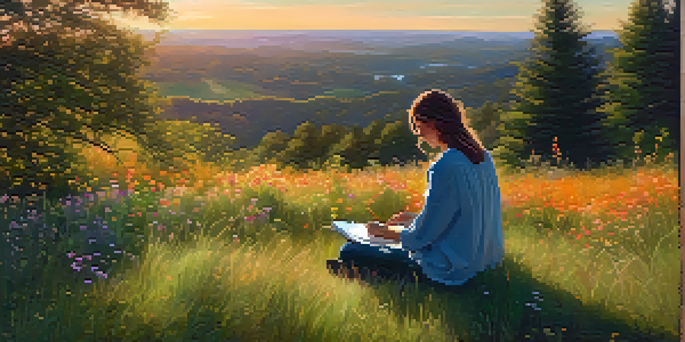 An artist painting in a tranquil outdoor setting with colorful wildflowers and a sunset in the background.