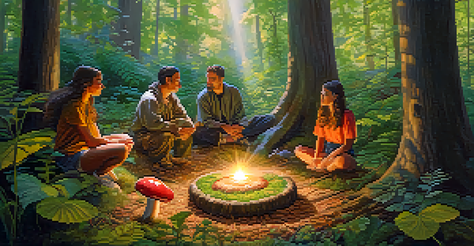A peaceful forest scene with people sitting in a circle for a shamanic mushroom ceremony, surrounded by colorful mushrooms and soft sunlight.