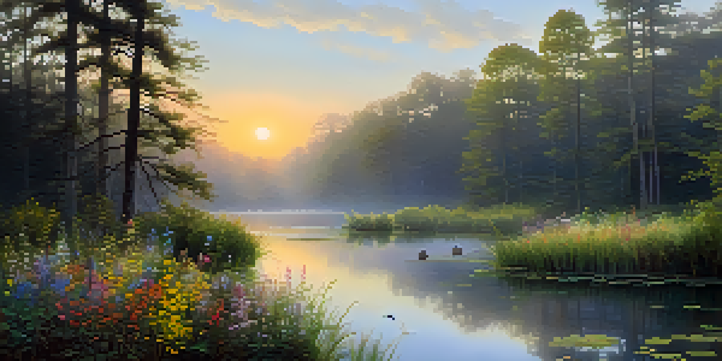 A peaceful forest at dawn with sunlight streaming through trees, showcasing a clearing with colorful wildflowers and a reflecting pond surrounded by mist.