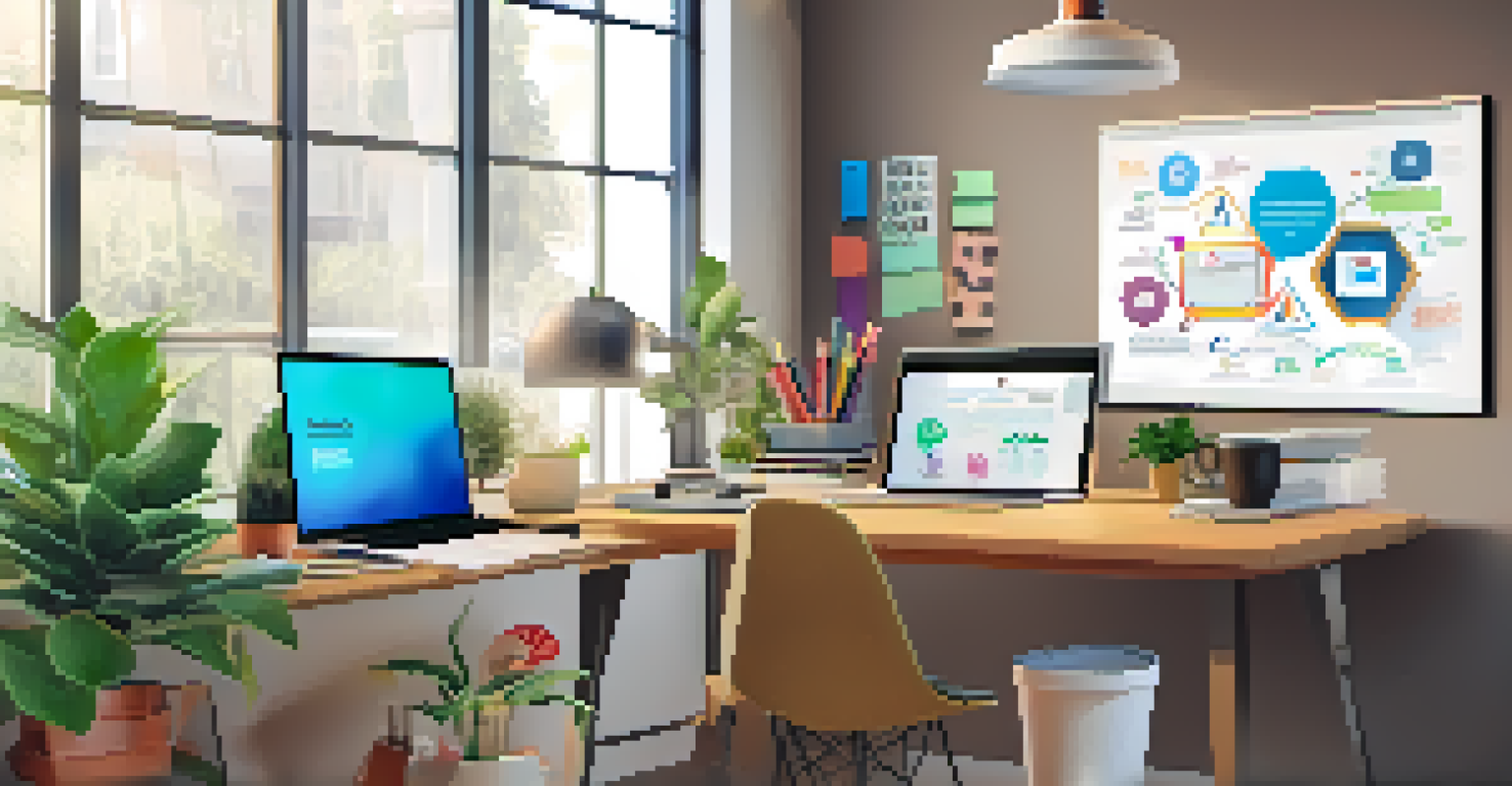 A workspace with a laptop showing a digital marketing course, surrounded by notebooks and a cup of coffee.