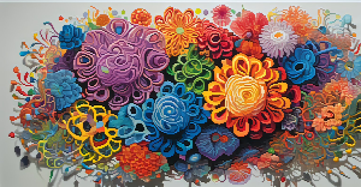 An abstract image depicting interconnected brains surrounded by vibrant colors and floral patterns, symbolizing unity and shared consciousness.