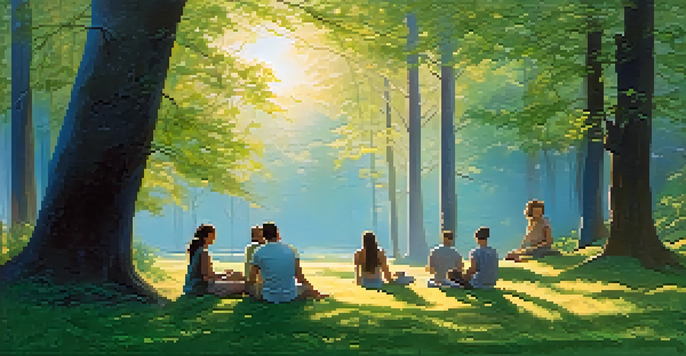 A peaceful forest with diverse individuals sitting in a circle, sharing a moment of connection under soft golden sunlight.