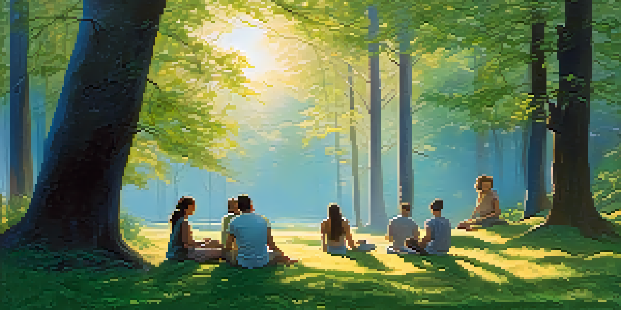 A peaceful forest with diverse individuals sitting in a circle, sharing a moment of connection under soft golden sunlight.