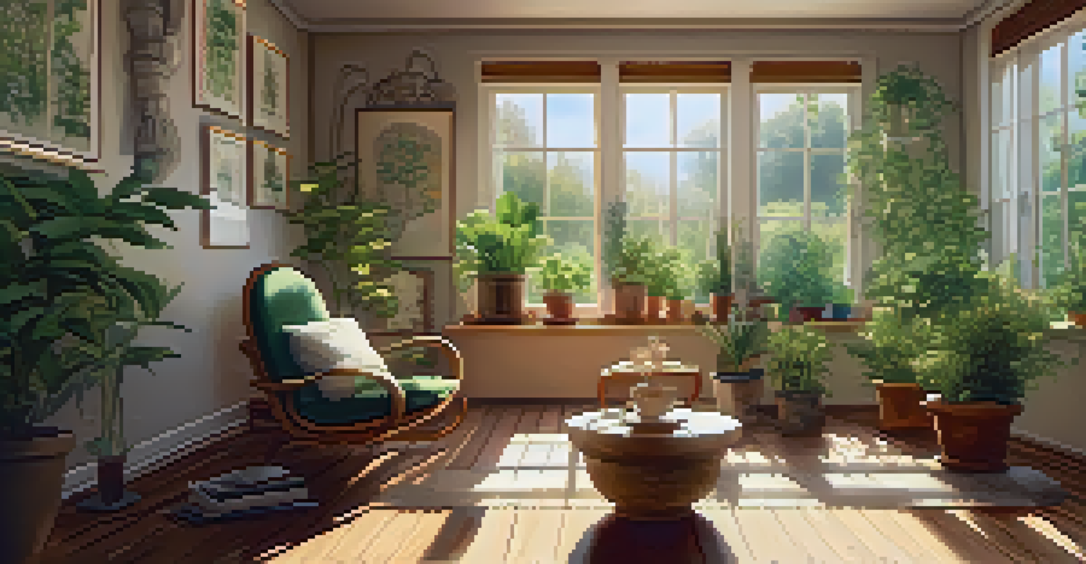A cozy room with plants, an armchair, and a cup of tea, illuminated by warm sunlight filtering through a window.