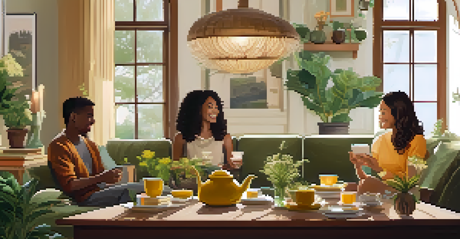 A cozy indoor gathering with friends enjoying tea and conversation, surrounded by books and plants in a warm atmosphere.