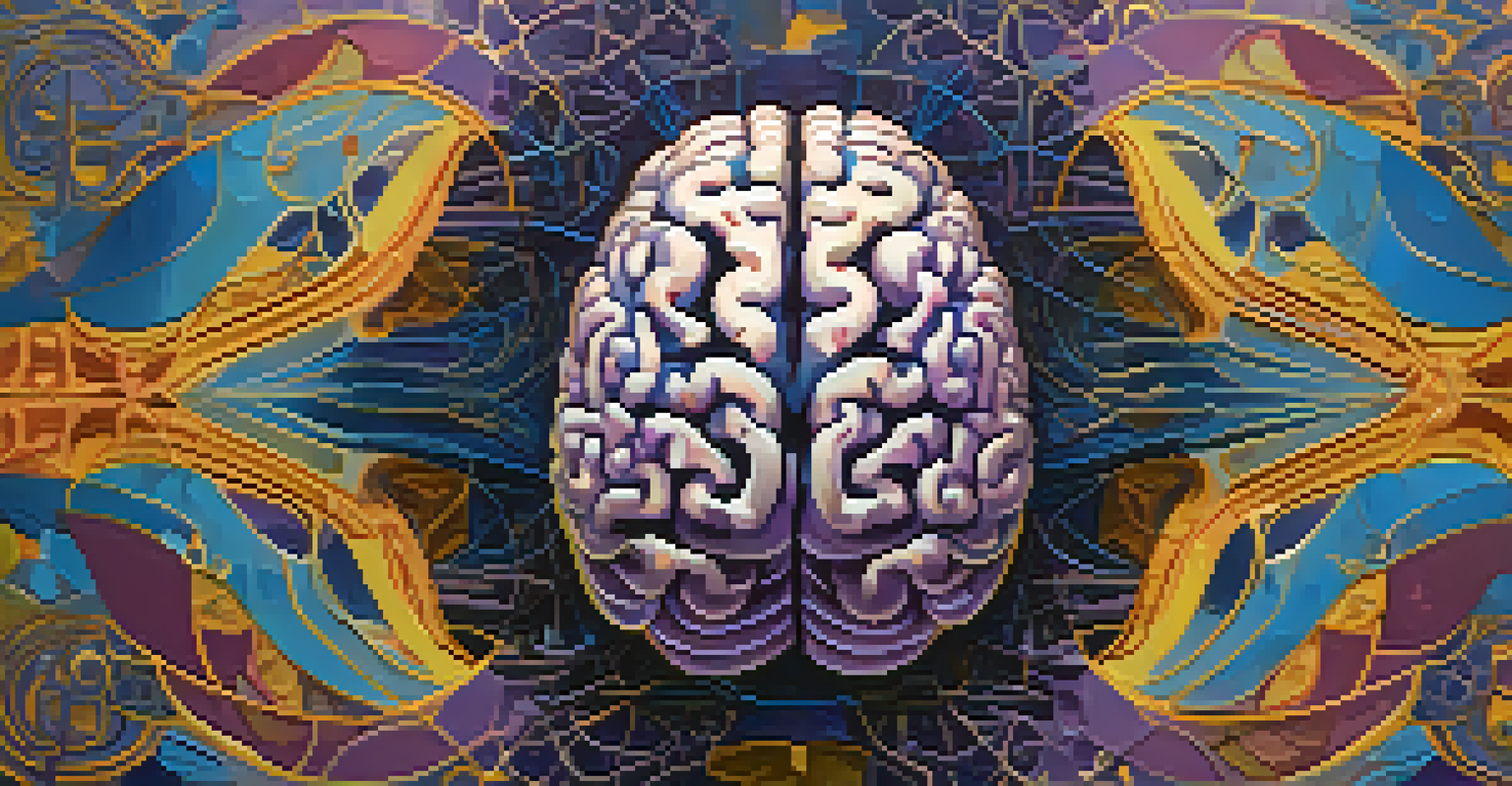 A colorful illustration of a brain with intricate patterns, symbolizing neural connectivity and altered states of consciousness against an abstract background.