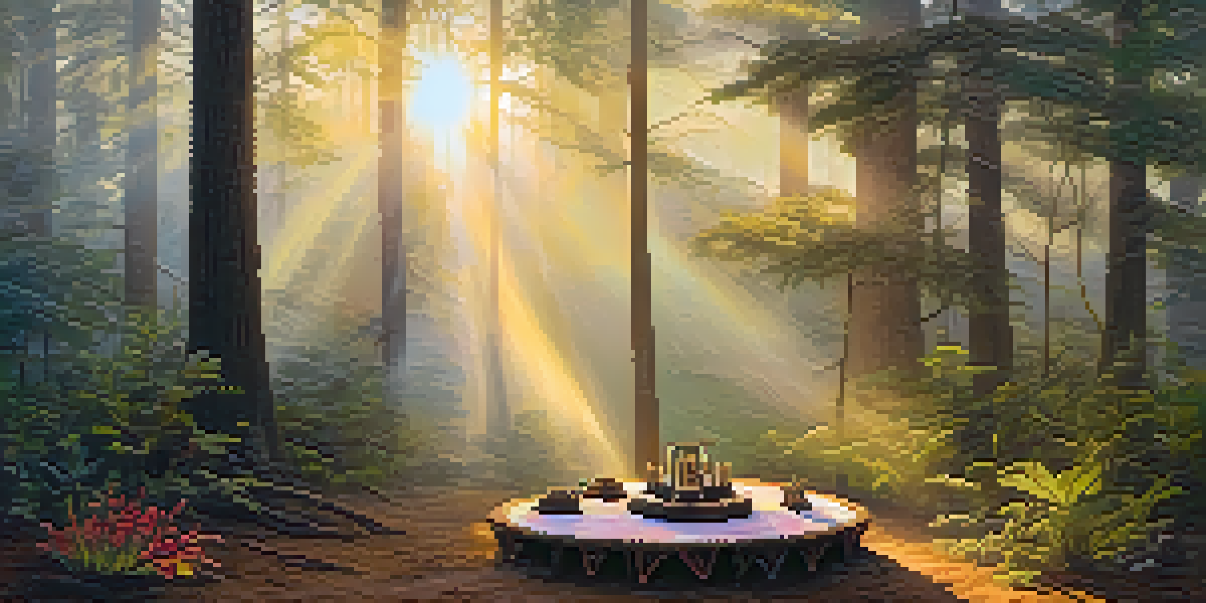 A peaceful forest at sunrise with a ceremonial altar in a clearing.